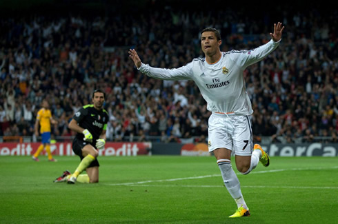 Cristiano Ronaldo reaction and celebration after scoring the opener in Real Madrid 2-1 Juventus, in Champions League 2013-2014