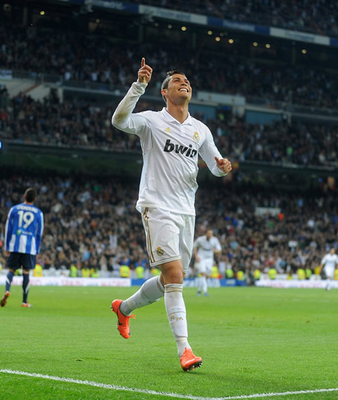 Cristiano Ronaldo goal celebrations for Real Madrid, with his finger pointing up, in 2012