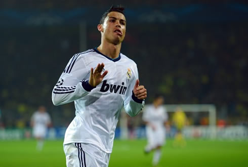 Cristiano Ronaldo goal celebration with a calm hand gesture in Germany, in Borussia Dortmund 2-1 Real Madrid, for the UEFA Champions League 2012-2013