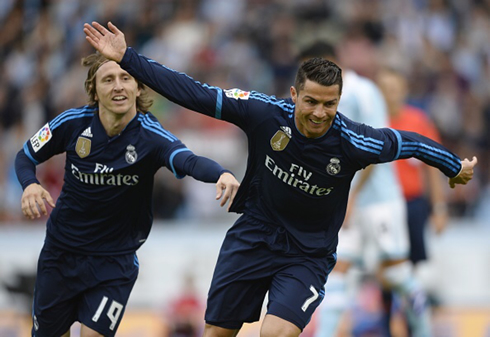 Cristiano Ronaldo celebrating his opening goal against Celta de Vigo with Modric behind him