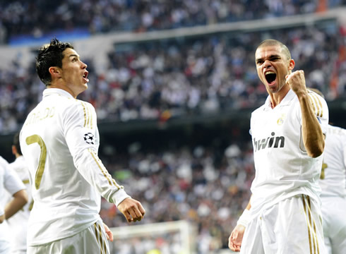 Cristiano Ronaldo and Pepe celebrating Real Madrid goal against Bayern Munich in the Santiago Bernabéu, in 2012