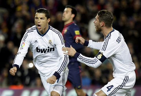 Cristiano Ronaldo reaction of joy after scoring the opener in Barcelona 1-3 Real Madrid, for the Copa del Rey 2013
