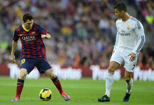 Cristiano Ronaldo and Lionel Messi, in Barcelona vs Real Madrid for La Liga 2013-2014