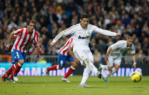 Cristiano Ronaldo striking the ball from the penalty mark, against Atletico Madrid