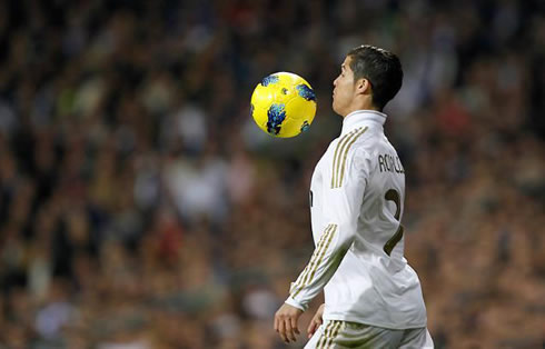 Cristiano Ronaldo about to control the ball with his chest
