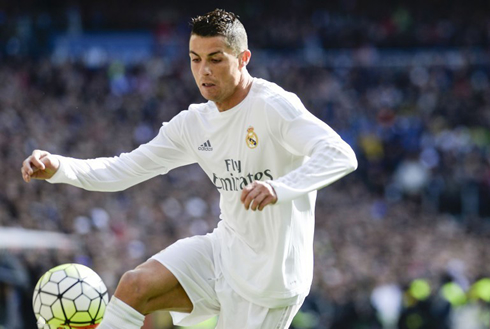 Cristiano Ronaldo trying to control the ball in a La Liga fixture in February of 2016