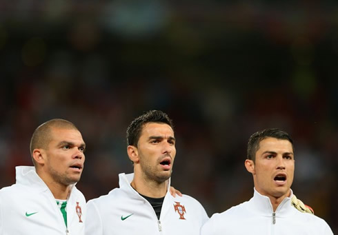 Pepe, Rui Patrício and Cristiano Ronaldo lined up before the game between Portugal and Spain for the EURO 2012 semi-finals and chanting the Portuguese hymn/national anthem