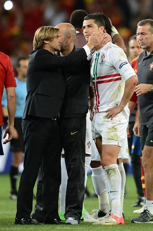 João Vieira Pinto trying to cheer and motivate Cristiano Ronaldo, after the Portugal lost against Spain, in the EURO 2012 semi-finals penalty kicks