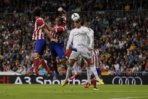 Real Madrid heading the ball in Real Madrid 0-1 Atletico Madrid, in La Liga 2013-2014