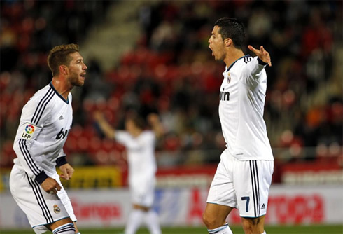 Cristiano Ronaldo and Sergio Ramos goal celebration for Real Madrid, in 0-5 win at Mallorca, for La Liga 2012-2013