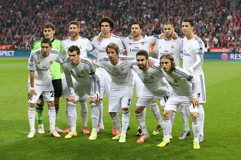 Real Madrid line-up at the Allianz Arena, ahead of the match against Bayern Munich, for the UEFA Champions League semi-finals second leg in 2014