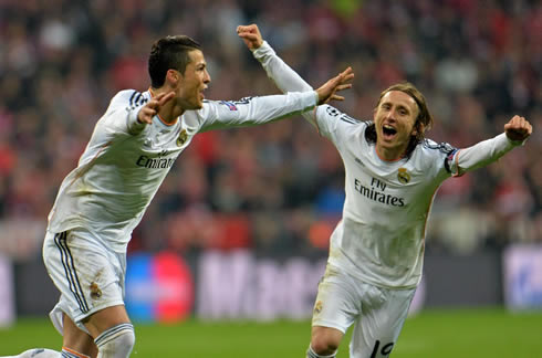 Cristiano Ronaldo and Luka Modric celebrating Real Madrid goal in Munich