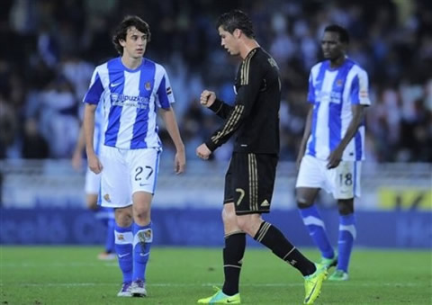 Cristiano Ronaldo shows makes the fist win gesture, after a Real Madrid narrow win against Real Sociedad, in La Liga 2011-2012