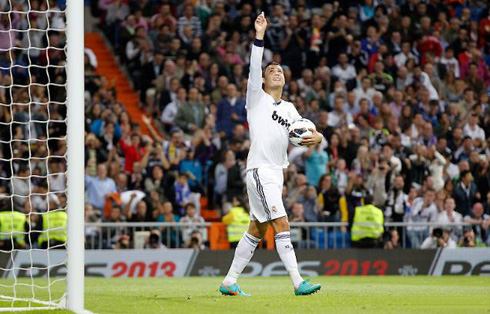 Cristiano Ronaldo pointing to the sky after scoring a goal for Real Madrid in 2012-2013