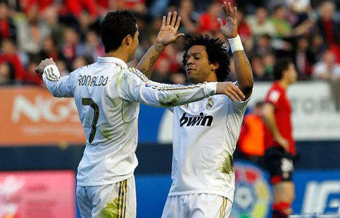 Cristiano Ronaldo and Marcelo celebrating Real Madrid against Osasuna, in La Liga 2012