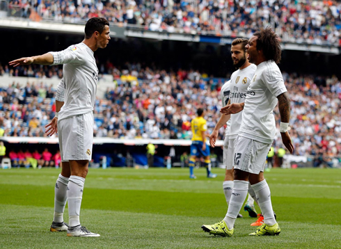 Cristiano Ronaldo waits for Marcelo to initiate his goal celebrations