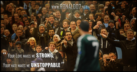 Your love makes me strong, your hate makes me unstoppable - Cristiano Ronaldo. Wallpaper in HD (1024x539)