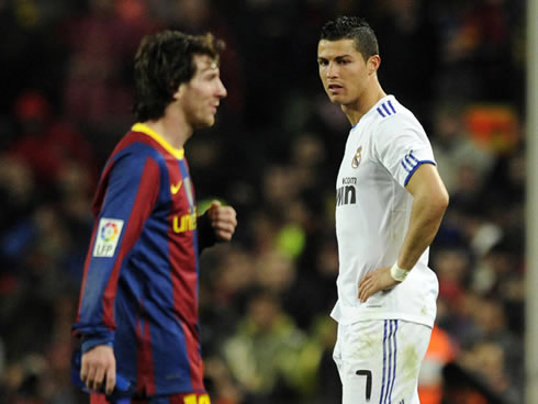 Cristiano Ronaldo and Lionel Messi near each other, in a Clasico between Real Madrid and Barcelona in 2011-2012