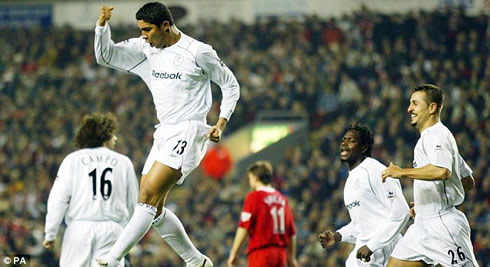 Mário Jardel goal celebrations for Bolton Wanderers with Ivan Campo behind him, in the English Premier League, in 2003-2004