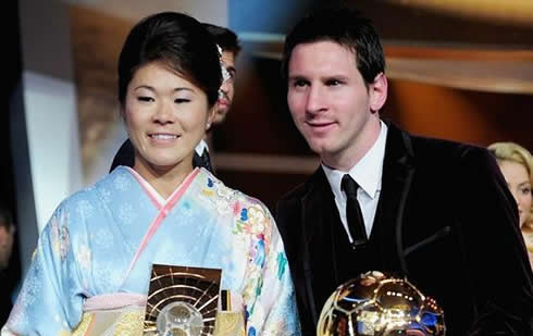 Homare Sawa and Lionel Messi at FIFA Balon d'Or 2011-2012 gala and ceremony