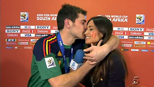 Iker Casillas kissing girlfriend Sara Carbonero, during the South Africa World Cup 2010