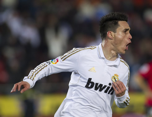 Callejón with a weird haircut, celebrating a goal after scoring for Real Madrid 2011/2012