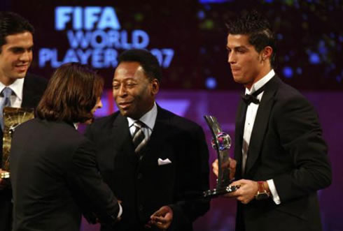 Cristiano Ronaldo, Lionel Messi and Pelé, at the FIFA Balon d'Or gala 2007-2008