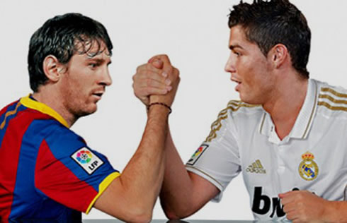 Cristiano Ronaldo fighting with Lionel Messi poster/banner/wallpaper