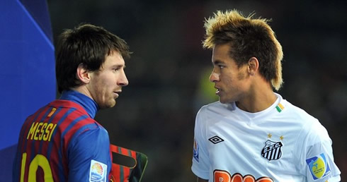 Lionel Messi and Neymar starring at each other, in Barcelona vs Santos, 2011-2012