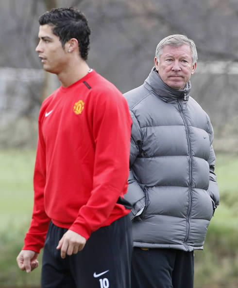 Cristiano Ronaldo and Sir Alex Ferguson in a Manchester United training session