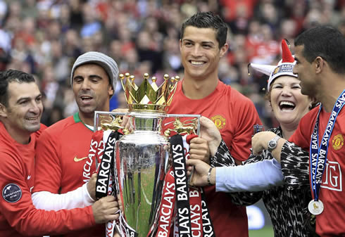 Cristiano Ronaldo and his family celebrating the Barclays English Premier League title at Old Trafford