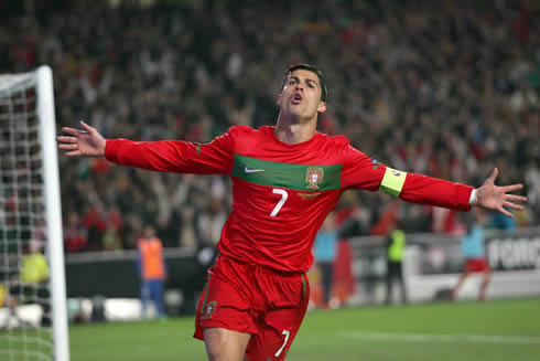 Cristiano Ronaldo opening his arms as he celebrates a goal for the Portugese National Team