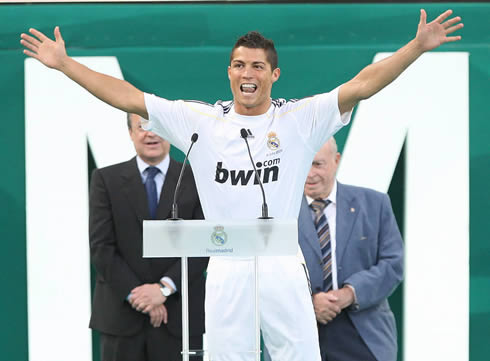 Cristiano Ronaldo screaming 'Hala Madrid', during his presentation day at Real Madrid, in the Santiago Bernabéu in 2009