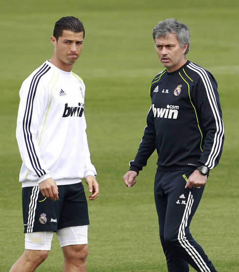 Cristiano Ronaldo and José Mourinho during a Real Madrid training session in 2012