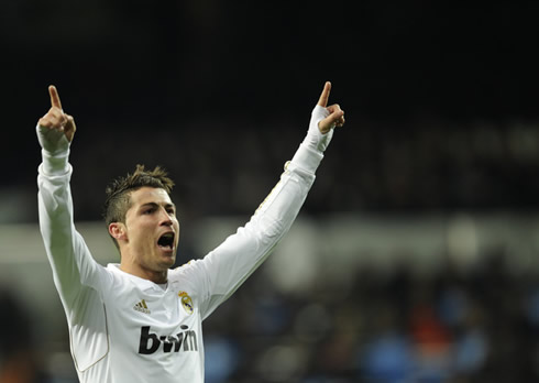 Cristiano Ronaldo new celebration for Real Madrid in 2012, with his fingers pointing to the sky