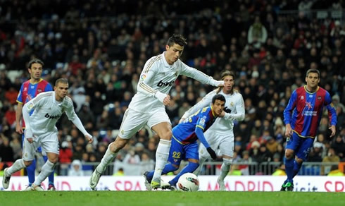 Cristiano Ronaldo scoring a penalty-kick, in Real Madrid vs Levante, for La Liga in 2011-2012