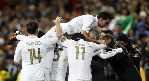 Real Madrid players group union in 2012, when celebrating a Ronaldo goal for La Liga
