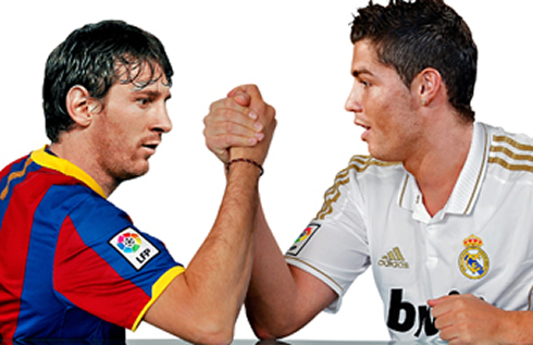 Cristiano Ronaldo fighting with Lionel Messi, in a Real Madrid vs Barcelona wallpaper, in 2012