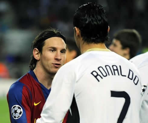 Cristiano Ronaldo greeting Lionel Messi at the teams entrance, in Manchester United vs Barcelona, for the UEFA Champions League