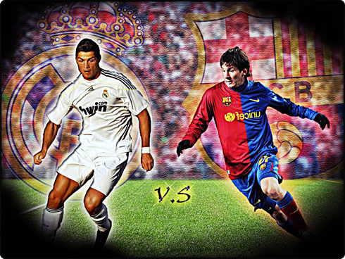 Cristiano Ronaldo and Lionel Messi, in a Real Madrid vs Barcelona wallpaper 2012