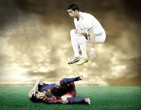 Cristiano Ronaldo vs Lionel Messi 2012 wallpaper, with a Real Madrid and Barcelona game theme