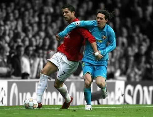 Cristiano Ronaldo vs Lionel Messi, in a Manchester United vs Barcelona game, for the UEFA Champions League