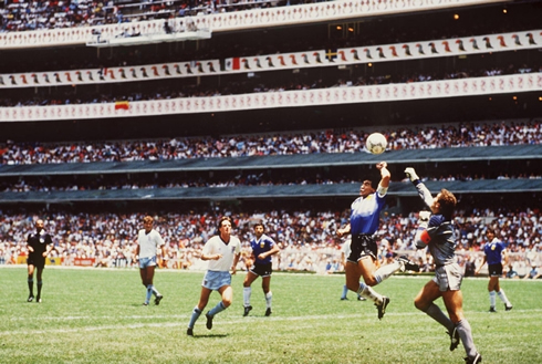 Diego Maradona photo of the hand of god goal, in Argentina vs England in 1986