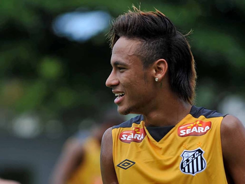 Neymar with his hair all pulled up, replicating Cristiano Ronaldo hair style and haircut in 2012