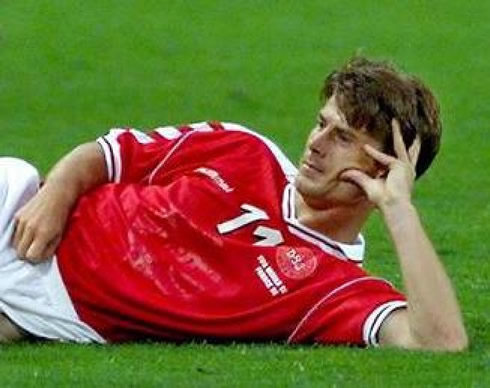 Brian Laudrup Denmark original goal celebration with his hand holding his head, in the EURO 1992