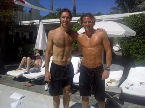 Steve Nash shirtless and hairy body muscles, with Diego Forlan