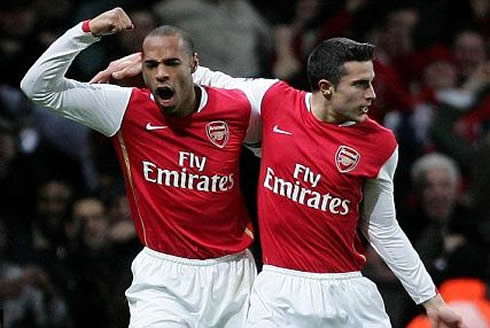 Thierry Henry returns to Arsenal and scores to celebrate with Robin van Persie in 2012