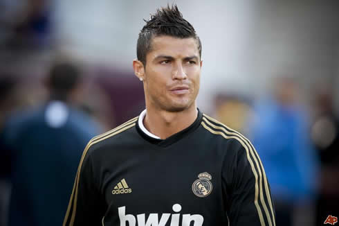 Cristiano Ronaldo in a Real Madrid black training jersey, with a new haircut and hairstyle in 2012
