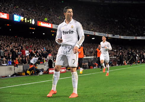 Cristiano Ronaldo original and new goal celebration for Real Madrid in the Camp Nou, requesting Barcelona fans to stay calm and shut up, in 2012