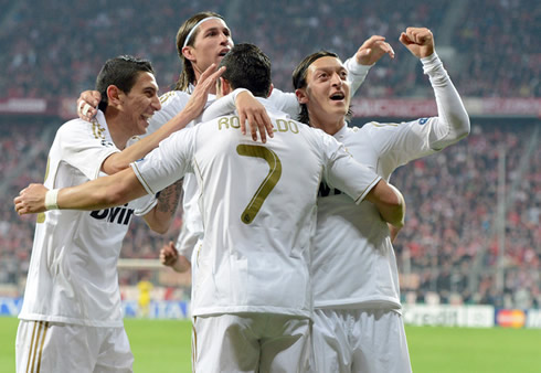 Cristiano Ronaldo, Angel Di María, Sergio Ramos and Mesut Ozil, celebrating the German player goal for Real Madrid, against Bayern Munich, in the Allianz Arena for the UCL in 2012